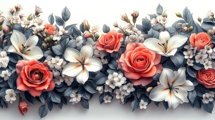 Floral arrangement: lilies, roses, blossoms, leaves.