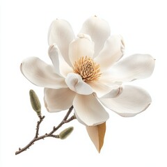 Naklejka premium Creamy white magnolia blossom with buds and leaf on a branch, isolated on white.