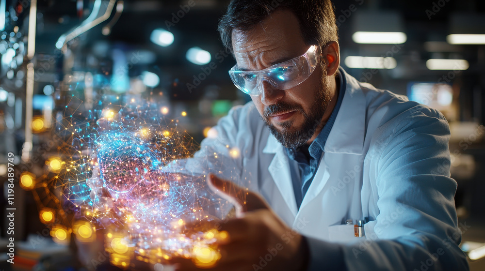 Aufkleber focused scientist in lab examines glowing holographic display, showcasing advanced research and tech