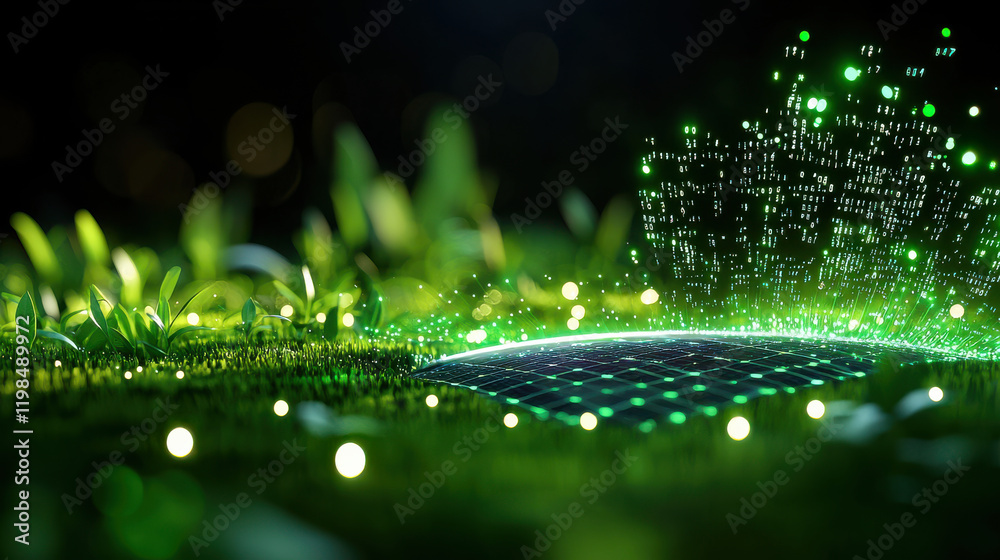 Aufkleber vibrant digital landscape featuring glowing green binary data emerging from grid on lush grass, symb