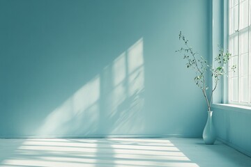 Obraz premium Sunlit minimalist room with blue wall, vase, and plant.