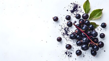 Aronia berries and powder on white background.