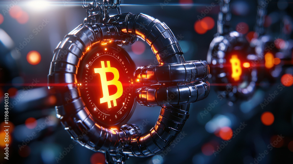 Poster cinematic depiction of encrypted blockchain network featuring glowing cryptocurrency symbols. intricate design highlights technology complexity and innovation