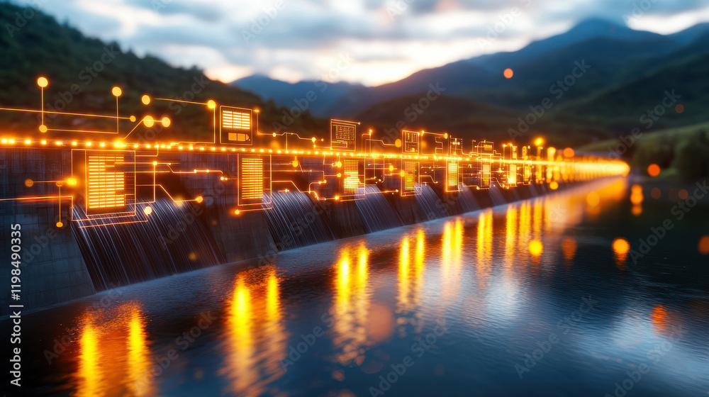 Leinwandbilder cinematic depiction of flowing water cascading from dam, illuminated by glowing digital circuits. se
