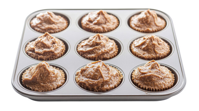 Muffin tin with several cavities, perfect for baking cupcakes or muffins, isolated on transparent background