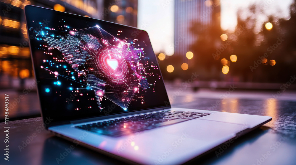 Poster cinematic flat lay of laptop displaying holographic security interface, showcasing digital world map