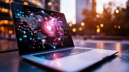 cinematic flat lay of laptop displaying holographic security interface, showcasing digital world map with vibrant colors and glowing elements, evokes sense of innovation and technology