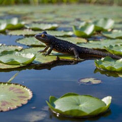 A Tranquil Pond Ecosystem: Italian Crested Newt on a Lily Pad