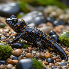 Obraz premium Italian Crested Newt Camouflaged Among Rocks on the Riverbed
