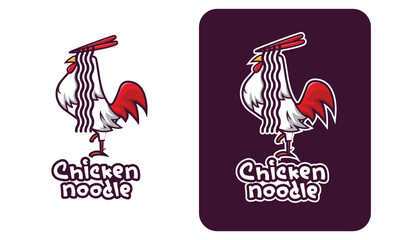 Playful Cartoon Rooster with Noodle Feathers, "Chicken Noodle" Logo, Vibrant, Dynamic, Fun, and Energetic Design