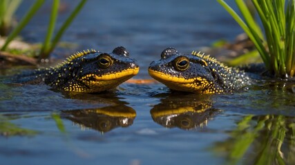 Italian Crested Newts Engaged in Mating Display in Their Natural Environment
