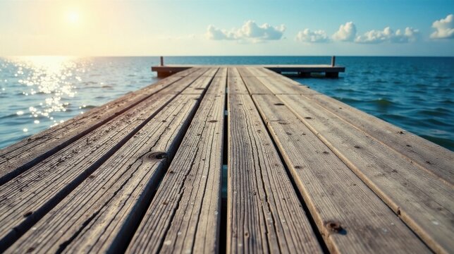 A weathered wooden pier extends into a tranquil ocean, bathed in the warm glow of a setting sun, offering a serene escape into nature's embrace.