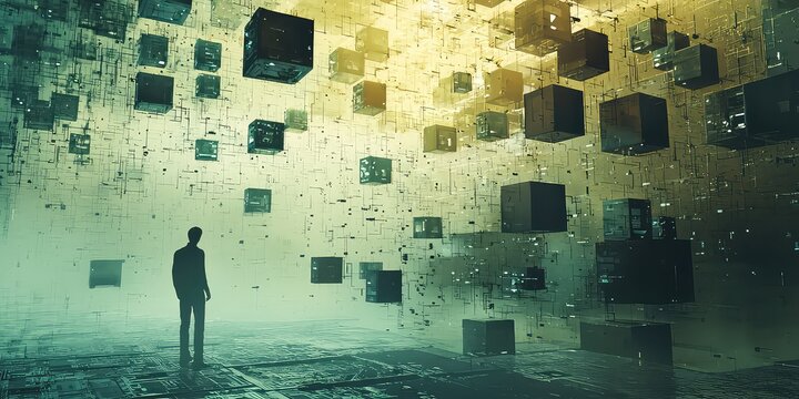 A conceptual image of a person building a digital structure, with code and blocks floating in the air.