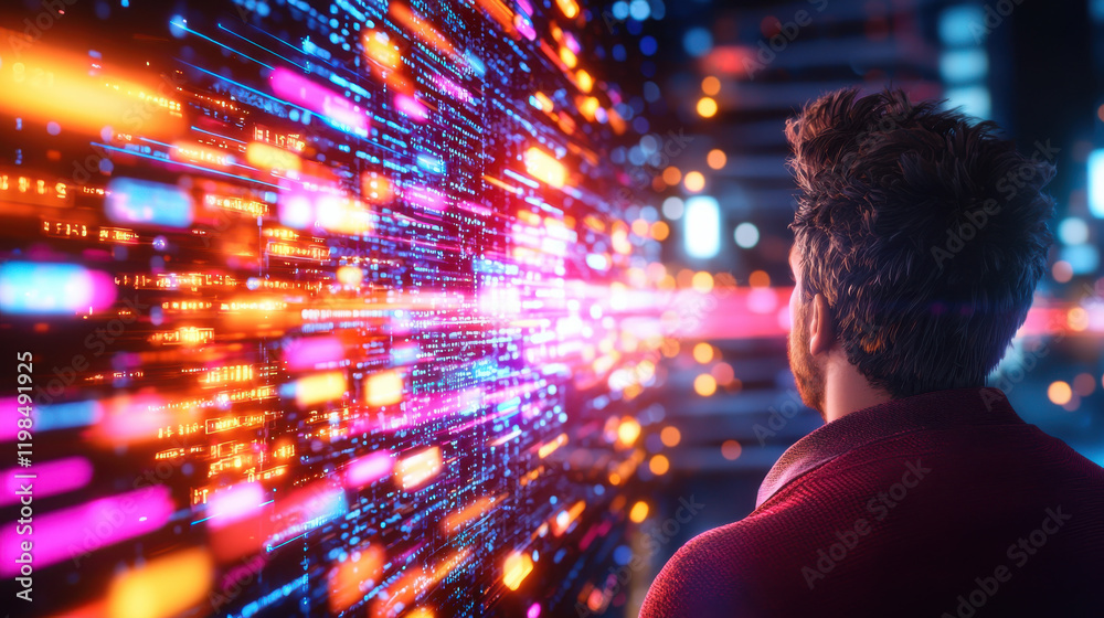 Leinwandbilder man observing vibrant data streams in futuristic environment, showcasing technology and innovation. colorful lights create dynamic atmosphere of exploration and discovery