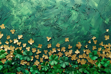 Green background with gold leaf clovers. The clovers are scattered throughout the background, creating a sense of depth and texture. Scene is one of celebration and festivity