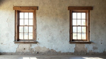 Obraz premium Rustic Interior Featuring Two Wooden Framed Windows with a View and Distressed Wall