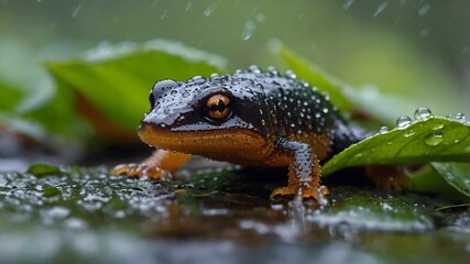 Fototapeta premium Serene Rainfall: Alpine Newt on a Wet Leaf, Surrounded by Drizzles