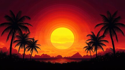 Obraz premium A serene sunset with palm silhouettes and a vibrant red-orange gradient, perfect for travel promotions, tropical themes, or summer events like beach parties.