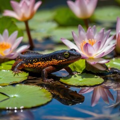 Fototapeta premium Mating Display: Alpine Newts in Shallow Pond Waters
