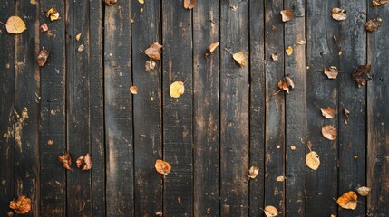 Fototapeta premium Autumnal Leaves Scattered on Dark Wooden Planks, Natural Texture Background.