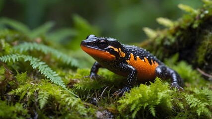 Fototapeta premium Alpine Newt Amidst the Green: Perched on a Moss-Covered Rock in the Forest