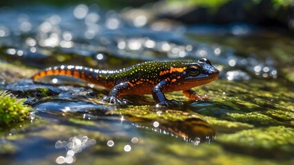 Fototapeta premium Alpine Newt Swimming Gracefully in a Crystal-Clear Mountain Stream