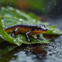 Naklejka premium Alpine Newt in the Rain: Sitting on a Leaf Under Soft Showers