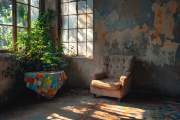 Sunlit abandoned room with armchair, plants, and patched tablecloth.