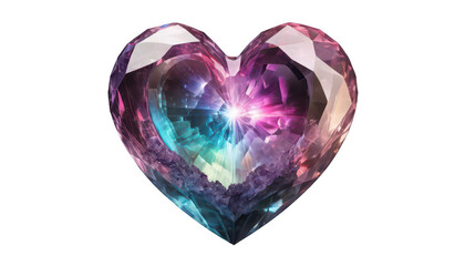 A magical crystal heart with a glowing aurora-like core, its vibrant colors transitioning smoothly, set on a white transparent background PNG