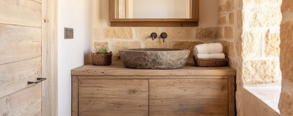 Bathroom interior concept. Modern bathroom interior with natural materials and a rustic design aesthetic.
