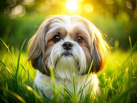 Adorable Shih Tzu Puppy Playing in Green Grass - Happy Dog in Summer Meadow