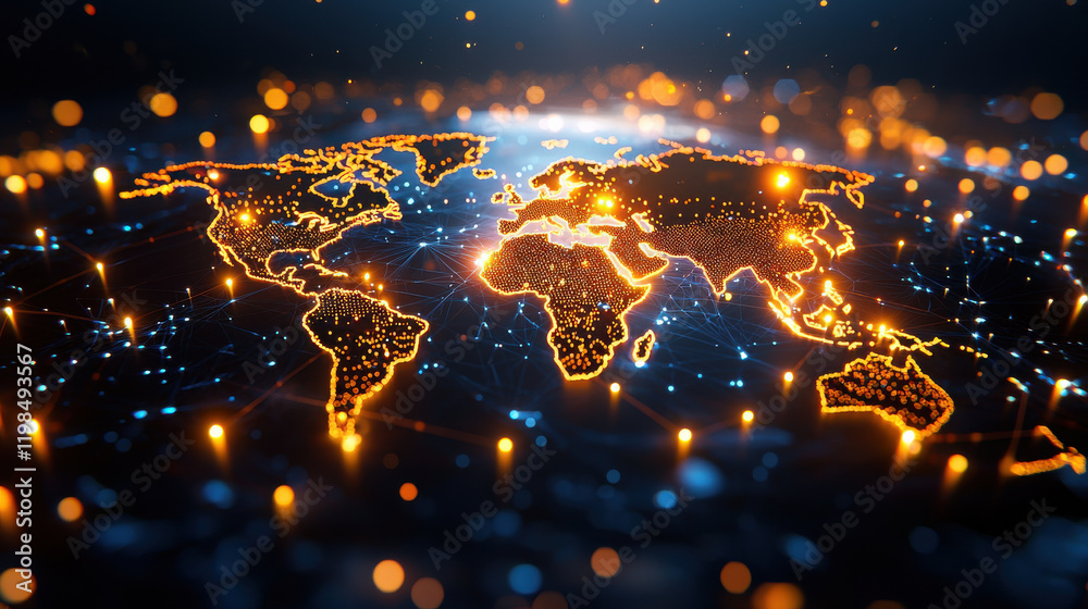 Aufkleber cinematic shot of digital map displaying global connections and networks, illuminated with glowing lights, representing technology and communication