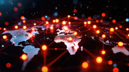 cinematic shot of digital map displaying global connections and networks, showcasing vibrant orange lights and dark background, emphasizing technology and communication