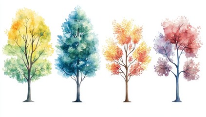 Fototapeta premium Four watercolor trees showing seasonal changes.
