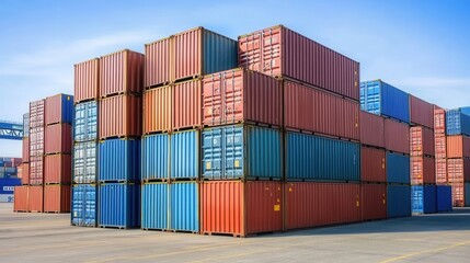Stacked Shipping Containers at a Cargo Yard with Bright Blue Sky and Clear Weather, Signifying Trade and Logistics in a Busy Shipping Industry Environment