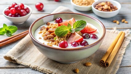 A delightful breakfast bowl filled with creamy yogurt, crunchy granola, and a vibrant mix of summer berries and sliced fruit, garnished with fresh mint leaves, served on a rustic wooden table.