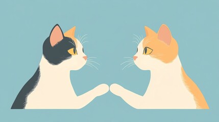 Fototapeta premium Profile view of pair of calico cats holding hands. Background is solid light blue. colors are solid and basic. Each body part is single solid color.