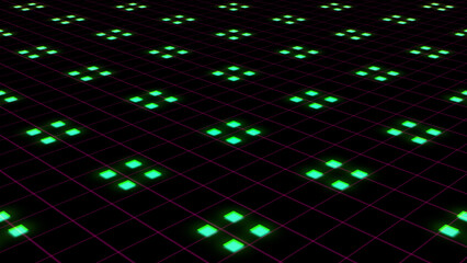 Glowing abstract background with digital lights and patterns in Green Pink Orange Background 