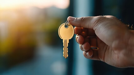 A hand holds a set of golden keys, symbolizing access and new beginnings, with a soft, blurred background of a sunset.