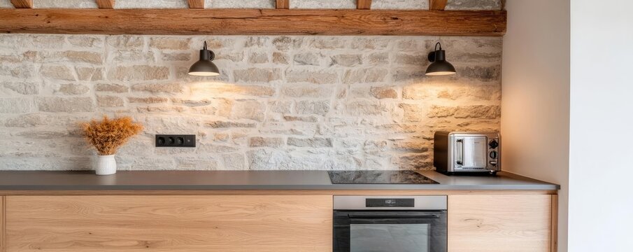 Kitchen room interior idea. Modern kitchen design with wooden elements and stone wall for contemporary homes.