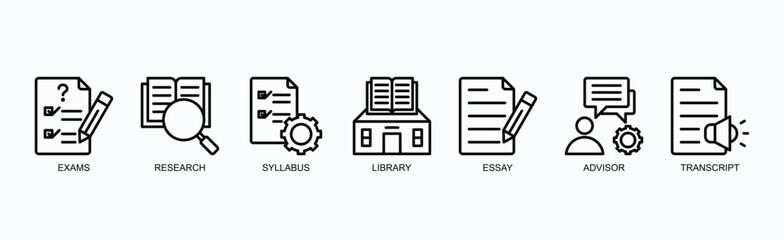Academic Essentials Icon Set Isolated Vector Illustration Concept With Icon Of Exams, Research, Syllabus, Library, Essay, Advisor, Transcript In Outline Style