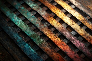 Crosshatched wooden lattice with vibrant, aged patina colors creating a textured background.