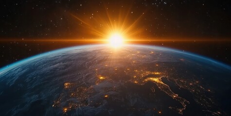 Dramatic blue sunrise in high resolution and high quality over Earth, seen from space with city lights on the horizon.