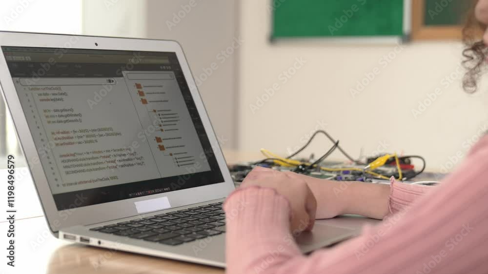 Poster back view of american girl coding engineering prompt while laptop screen display programing software