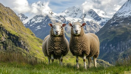 Fototapeta premium Two Fluffy Sheep Pose Gracefully in Mountainous Landscape, Majestic Peaks Providing Stunning Backdrop