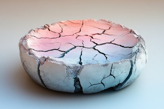 Cracked, pastel-colored spherical object resembling a weathered, eroded planet or sculpture. - Powered by Adobe
