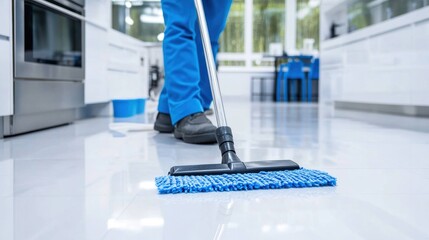 A person cleans a shiny kitchen floor using a blue mop, showcasing the importance of cleanliness and maintenance in modern home environments.