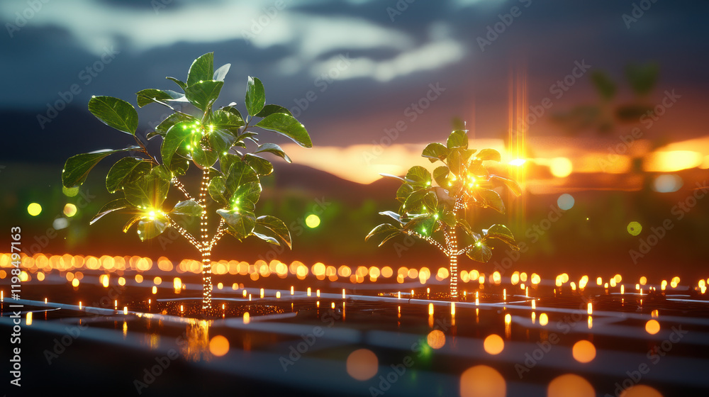 Poster cinematic view of sustainable farm with illuminated trees at sunset, showcasing renewable energy and