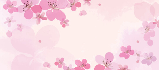 Spring Japanese Cherry blossom flower background vector. Sakura floral Wallpaper design of elegant watercolor cherry blossom flower, branch. Illustration for banner, wall decoration, backdrop, ads.