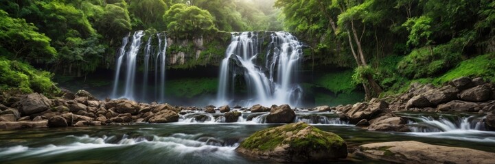 Obraz premium A dramatic waterfall cascading down a rocky cliff surrounded by lush greenery.